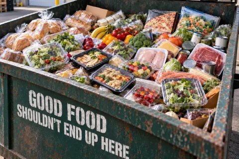 Commercial dumpster full of sealed packaged prepared meals, salads, produce, bakery items and pantry goods that still look suitable for recovery; the dumpster is stencilled “Good food shouldn’t end up here”