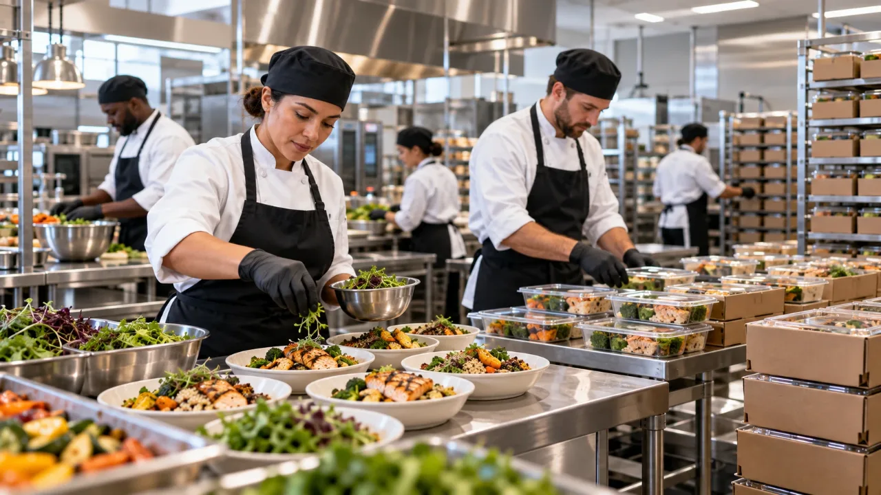 Commercial kitchen team in chef whites plating prepared meals, with packed meal containers and boxed orders stacked on racks