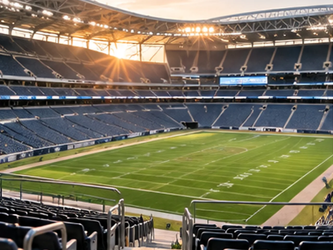 Empty stadium seating bowl and playing field at sunset, seen from an upper concourse
