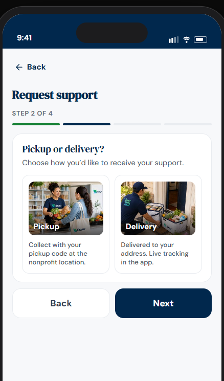 Savvi mobile request-support screen showing pickup and delivery choices