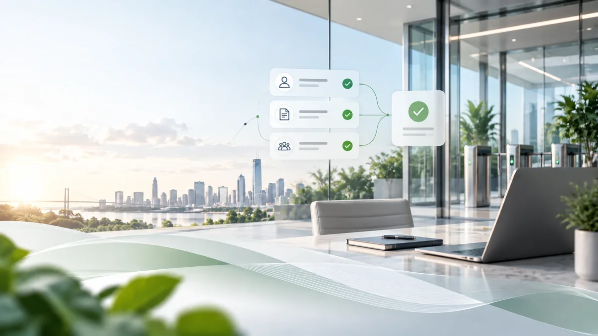 Bright office lobby with a laptop on a desk and a checklist graphic of verified onboarding steps beside the entrance gates