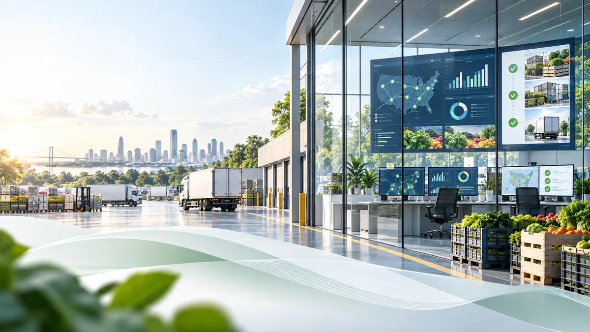 Glass-walled operations office with wall displays of a network map and reporting charts, overlooking a distribution yard with trucks and produce crates