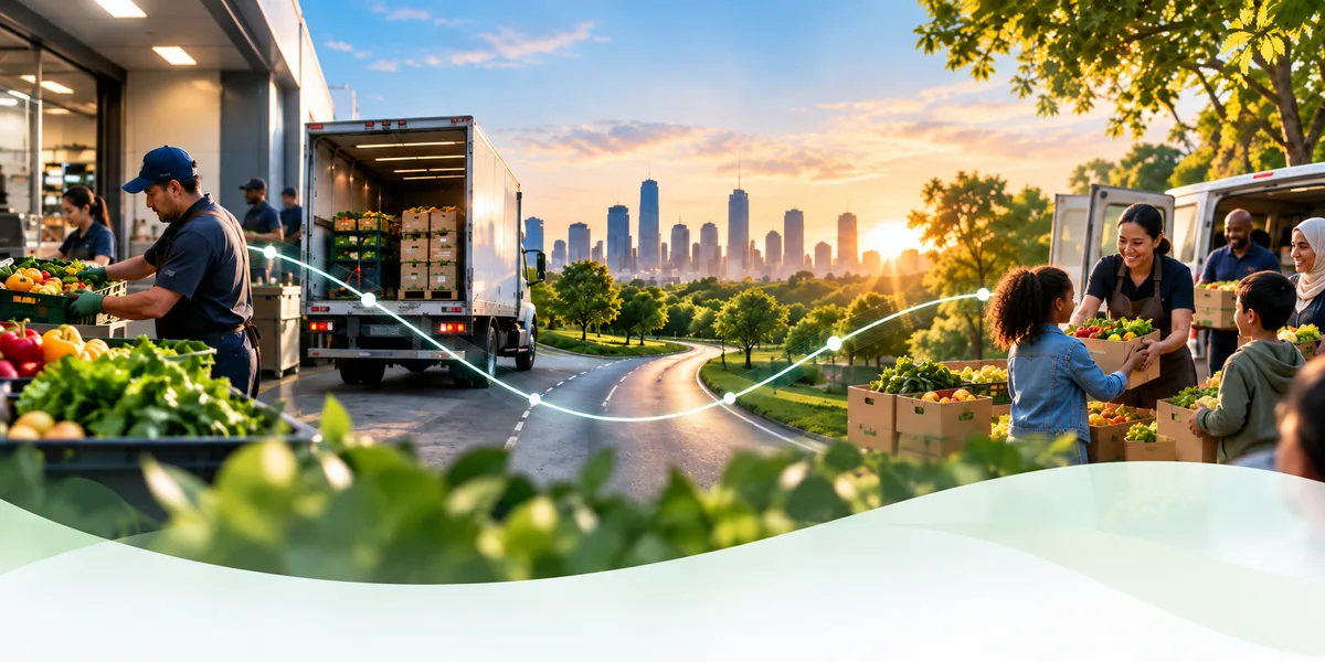 Crew loading produce onto a box truck at a loading dock, a road leading toward a city skyline, and families receiving boxes of food at the other end